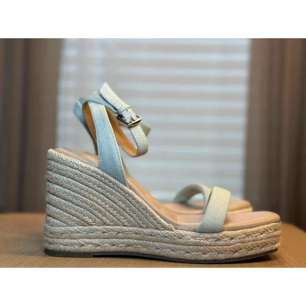 Women's Padded Light Blue Denim Wedge Espadrille Platform Sandals 8 M